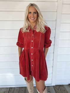 Adorable corduroy red dress with buttons all the way down the front and elastic ends on sleeves. Model is 5'7" with a 28" waist, 34" bust, and 36" hips wearing a small Christmas Eve Outfit, Dress With Buttons, Dress With Stockings, Corduroy Dress, Way Down, Orange Dress, All The Way, Cute Dresses, Red Dress