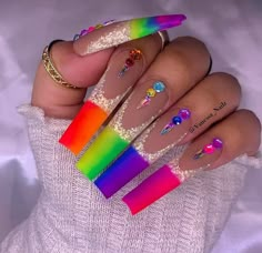 Rave Nails, Nail Designs Bling, Rainbow Nails Design, Rainbow Nail, Neon Rose, Colorful Nail, Nails Design With Rhinestones, Glow Nails, Colorful Nails