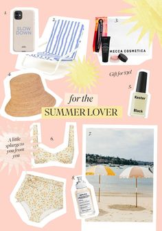 a collage of beach items including an umbrella, sun hat and sunscreenr