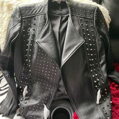 I Bought This Leather Jacket For $600 Originally, It’s Brand New Never Worn. It Still Has Tags On It. I Am Selling It For $300 It Is Not Negotiable. Elegant Long Sleeve Biker Jacket For Evening, Designer Leather Jacket With Rivets For Fall, Luxury Leather Outerwear For Night Out, Luxury Black Blazer For Night Out, Elegant Leather Biker Jacket For Night Out, Designer Blazer For Night Out In Fall, Designer Leather Jacket For Night Out, Designer Black Leather Jacket For Evening, Designer Long Sleeve Leather Jacket For Night Out