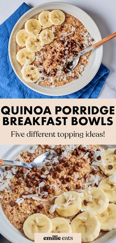 a bowl of quinoa porridge breakfast bowls with banana slices and granola on top