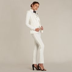 Anything a man does a woman just does better, so suit(tux) up ladies! Wedding Tux Ideas, Tuxedo Women Suits, Women's Tuxedo, White Tuxedo Jacket, Peak Lapel Tuxedo, Shawl Collar Tuxedo, White Tux, Wedding Tux, Scout Guide