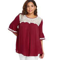 Plus Size Lace Trim Bell Sleeve Blouse - Red - 3R82025412 - Original Design-Women's Clothing, Blouses  #Blouses #Original #DesignWomen's #Clothing # #Blouses Flare Blouse, Women Lace Blouse, Lace Outfit, Trendy Plus Size Clothing, Bell Sleeve Blouse, Loose Tops, Tops Fall, Sleeves (women), Red Blouses