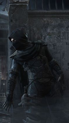 an image of a man in the dark with a mask on walking towards a building