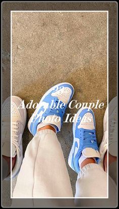 two people standing next to each other wearing blue and white tennis shoes with the words add big compile above them