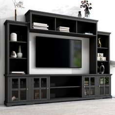 PRICES MAY VARY. With smooth line, pure color and tempered glass, this TV stand set will add an atmosphere of understated luxury to your living room. This wall unit features a 66 inch console, two pier units and an overhead bridge providing ample storage options. Reasonable use of cabinet space. TV cabinet, bookshelf, wine cabinet, display cabinet are all in one, creating own style of exquisite life. To ensure the stability and long-term usage, the main body is manufactured of particle board. Eq Modern Tv Console, Cabinet Bookshelf, Entertainment Center Ideas, Tv Console Modern, Tv Stand Set, Built In Entertainment Center, Entertainment Wall Units, Living Room Wall Units, Living Room Built Ins