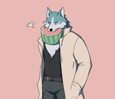 a wolf wearing a scarf and jacket with his mouth open while standing in front of a pink background