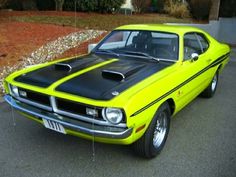 a bright yellow muscle car parked on the street