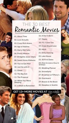 the movie poster for romantic movies with pictures of people and their names in white paper