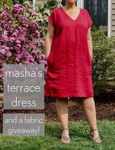 a woman wearing a red dress standing in front of a house with the words masha's terrace dress and a fabric giveaway