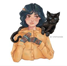 a drawing of a woman holding a black cat in her arms and the caption says, by stephanie