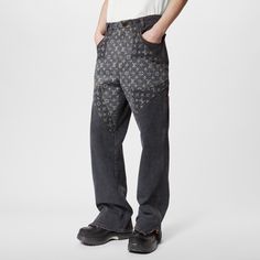 LOUIS VUITTON® - Monogram Flower Denim Pants - Black Louis Vuitton Clothes, Louis Vuitton Jeans, Gray Denim Pants, Denim Street Style, Lv Fashion, Flower Pants, Contrasting Stitching, Lv Belt, Mens Luxury Fashion