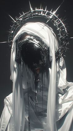 the statue is covered in white cloths and dripping with water from its mouth,