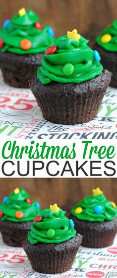 christmas tree cupcakes with green frosting and sprinkles on top