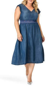 A lacy inset at the waist adds a pretty bohemian touch to this A-line denim dress. 40" length Back zip closure V-neck Cap sleeves 100% Tencel® lyocell Machine wash, tumble dry Imported Encore Cute Maxi Dress, Cap Dress, V Neck Midi Dress, Muslimah Fashion, Plus Size Maxi Dresses, Dress Plus Size, Modest Dresses, Modest Outfits, Nordstrom Dresses