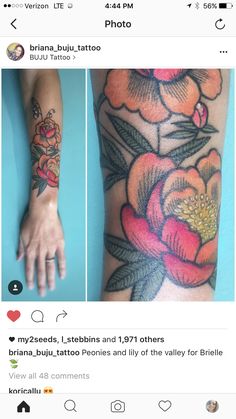 two pictures of flowers on the arm and one with a flower tattoo on its arm