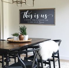 a dining room table with chairs and a sign above it