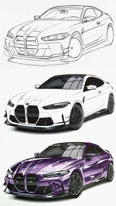 two different colored cars side by side on a white background, one is purple and the other is black