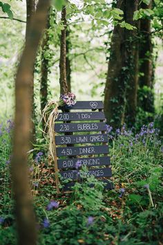 a wooden sign sitting in the middle of a forest filled with purple and green flowers