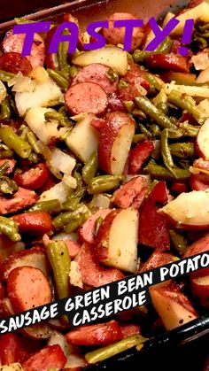 a pan filled with potatoes and green beans