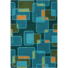 a blue rug with green and orange squares on it