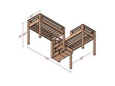 a wooden bunk bed with stairs and ladders on the bottom level, measurements for it