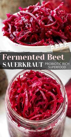 red beet sauerkraut in a glass jar with text overlay