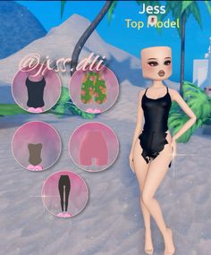 an animated doll is standing in front of some clothes and palm trees on the beach