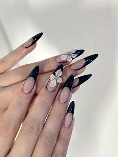 Black And White 3d Flower Nails, Black Nails 3d Flowers, Long Nails Black French, Black Floral Nails Simple, Black French With Flowers, Black French Tip Flower Nails, Black And Flower Nails, Black 3d Nail Art, Black French Tip Nails With Flower