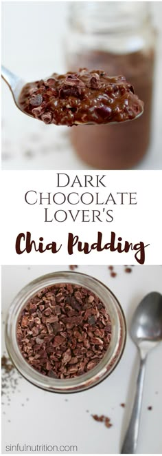 dark chocolate lover's chia pudding in a jar with spoon