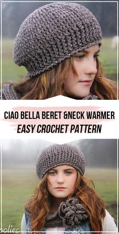 two pictures of a woman wearing a crochet hat and scarf with text that reads,