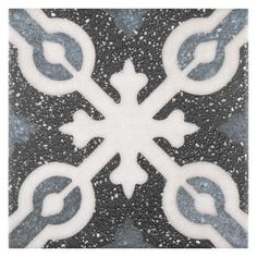 a black and white tile with an intricate design on the bottom half, in shades of blue