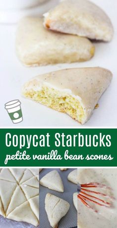 some food that is laying out on a table with the words copycat starbuckss pete vanilla bean scones