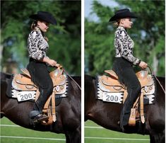 a woman riding on the back of a brown horse wearing a cowboy hat and black pants