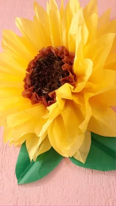 a large yellow flower with green leaves on a pink tableclothed surface, in front of a pink wall