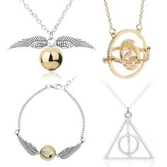 three harry potter necklaces, one with an egg and the other with two wings