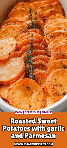 roasted sweet potatoes with garlic and parmesan in a white casserole dish