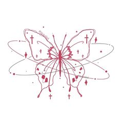 a drawing of a butterfly with crosses on it's wings, in red ink