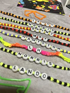 the name bracelets are all different colors and sizes, but one is for each child's name