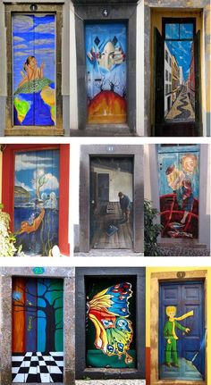 the doors are painted with different designs and colors