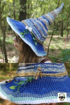 This witch hat is made in the colors of an ocean wave, with neat little decorations like a message-in-a-bottle, real seashells, and a fishing net-esque jute hatband. The hat is made with acrylic yarn, and a wired, adjustable brim. The yarn is flexible so the point can be adjusted downwards or straight up. Pattern by Morale Fiber Whimsical Handmade Wide Brim Sun Hat, Whimsical Blue Costume Hats And Headpieces For Festival, Themed Brimmed Festival Hat, Themed Brimmed Hat For Festivals, Festival Themed Brimmed Hat, Blue Handmade Hat As Gift, Handmade Blue Hat As Gift, Handmade Blue Hats As Gifts, Handmade Blue Hat For Gift