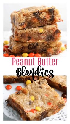 peanut butter blondies are stacked on top of each other with candy in the middle