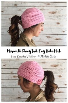 two photos of a woman wearing a pink crochet ponytail hat with the text,'free crochet pattern'below it