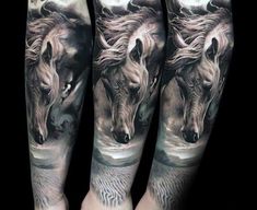 three horses with long manes on their legs are depicted in this tattoo design by artist mark