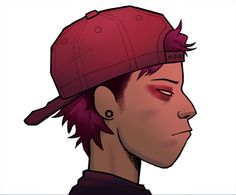 a drawing of a man with pink hair wearing a baseball cap and red eyeliners