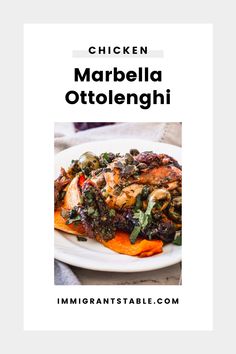 chicken marbella otolenghi recipe on a white plate with text overlay