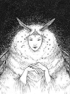 a black and white drawing of a woman with horns on her head in the dark