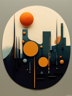 an abstract painting with oranges and black shapes on it's side, in the middle of a circular frame