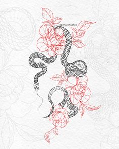 a snake and roses tattoo design on white paper with red ink in the middle,