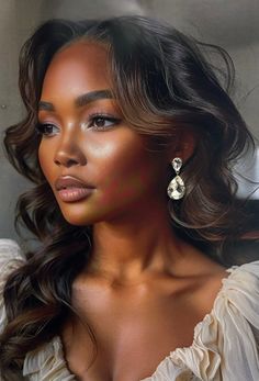 a woman with long hair wearing earrings and a white dress is looking off to the side